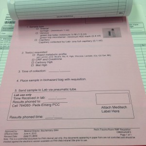 Trauma Room Rapid Laboratory Testing Requisitions are printed on "pink" paper and take priority over all other work in the Laboratory at Surrey Memorial Hospital.